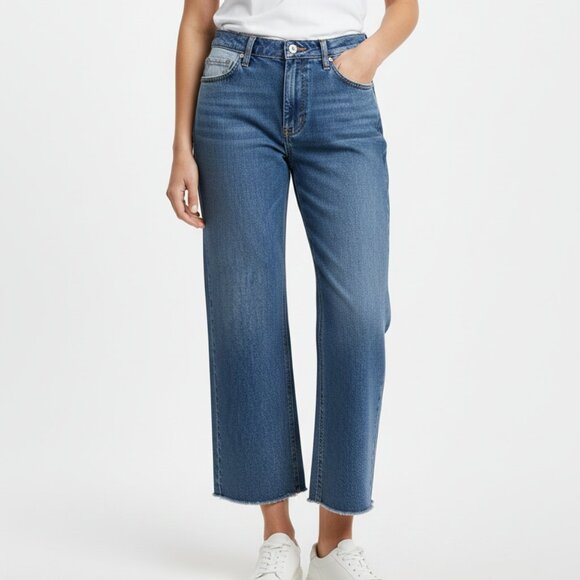 ANDERSSON BELL Denim - ANDERSSON BELL HIGH RISE PATCHWORK DENIM FLARED RAW HEM CROPPED JEANS - M